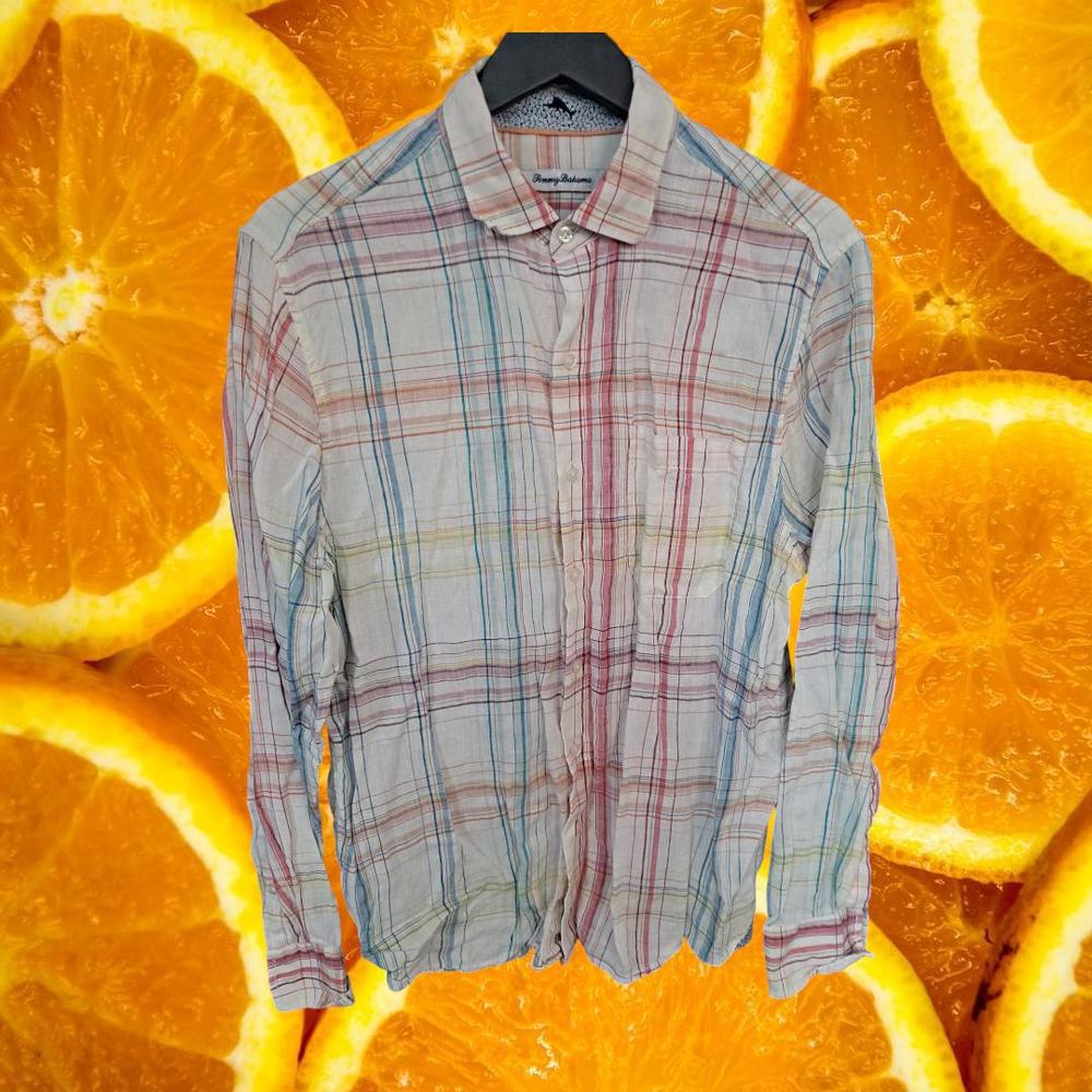 Tommy Bahama White Orange Blue Plaid 100% Linen Button Up Shirt